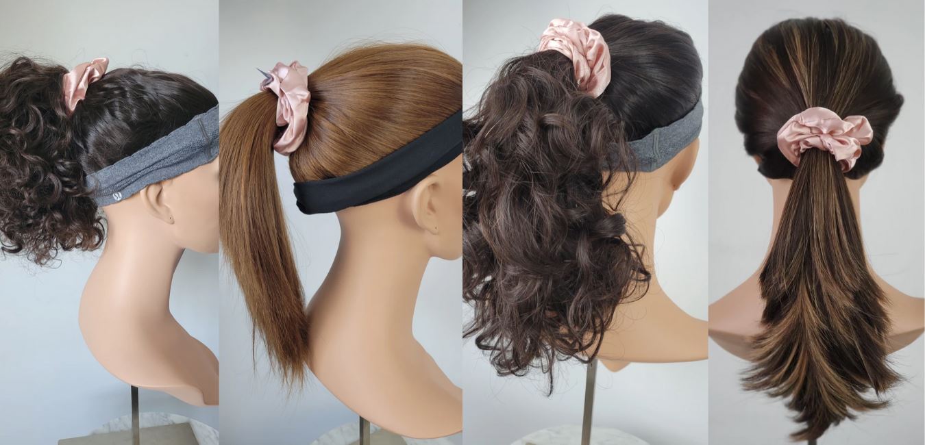 simple hairstyle for sports pony tail with scrunchy tutorial. Hair  tutorial. Backstage technique of creating pony tail with scrunchy. Hairstyle.  Tutor Stock Photo - Alamy