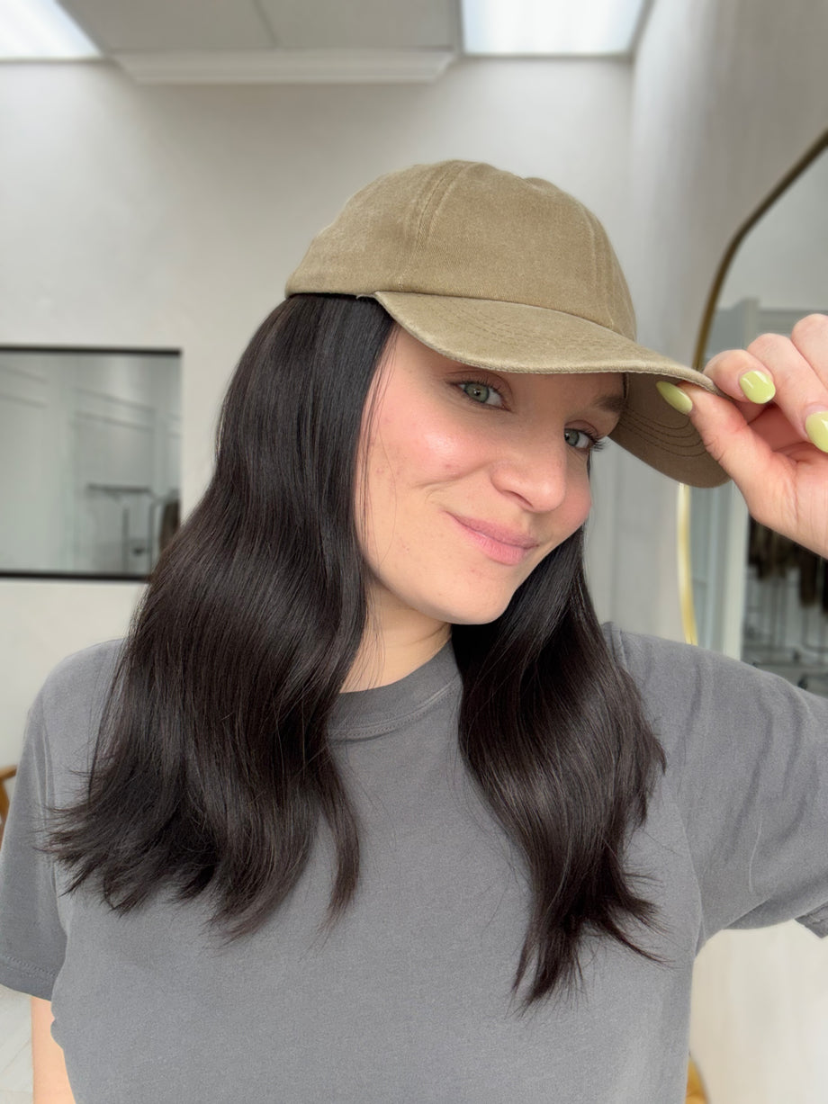 Silk or Lace Factory Hat Wig - Halsey Soft Natural Black 18 Inch Lengt