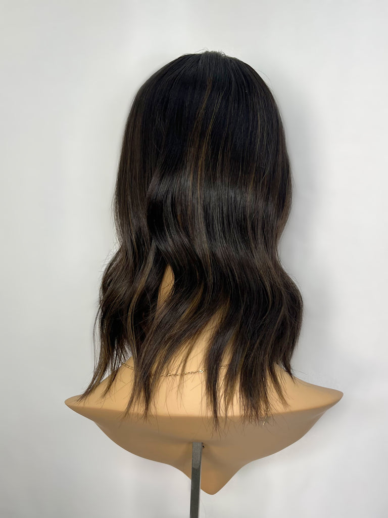 dark brown with highlights realistic lightweight silk top human hair topper