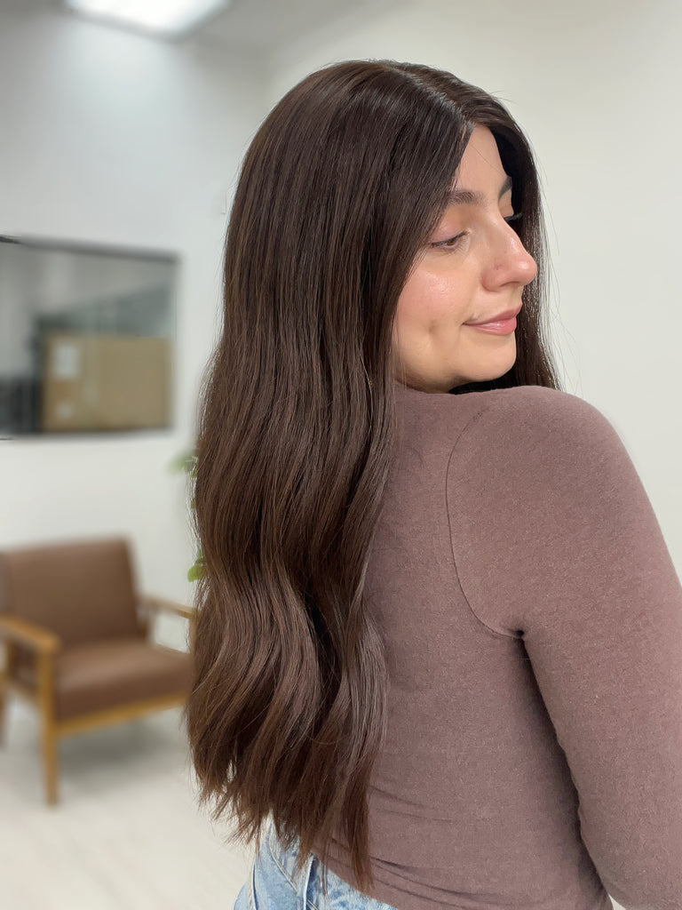 lace top human hair wig - brunette human hair wig - lace top wigs for women - breathable human hair wigs - affordable natural hair wigs - full coverage human hair wigs
