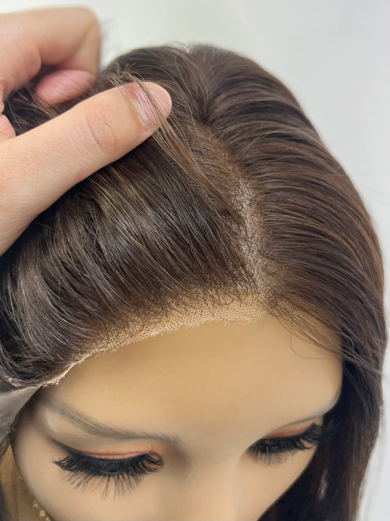Sayar Lace Top Wig, "Medium Brown with Caramel Highlights" (R1762) - Silk or Lace