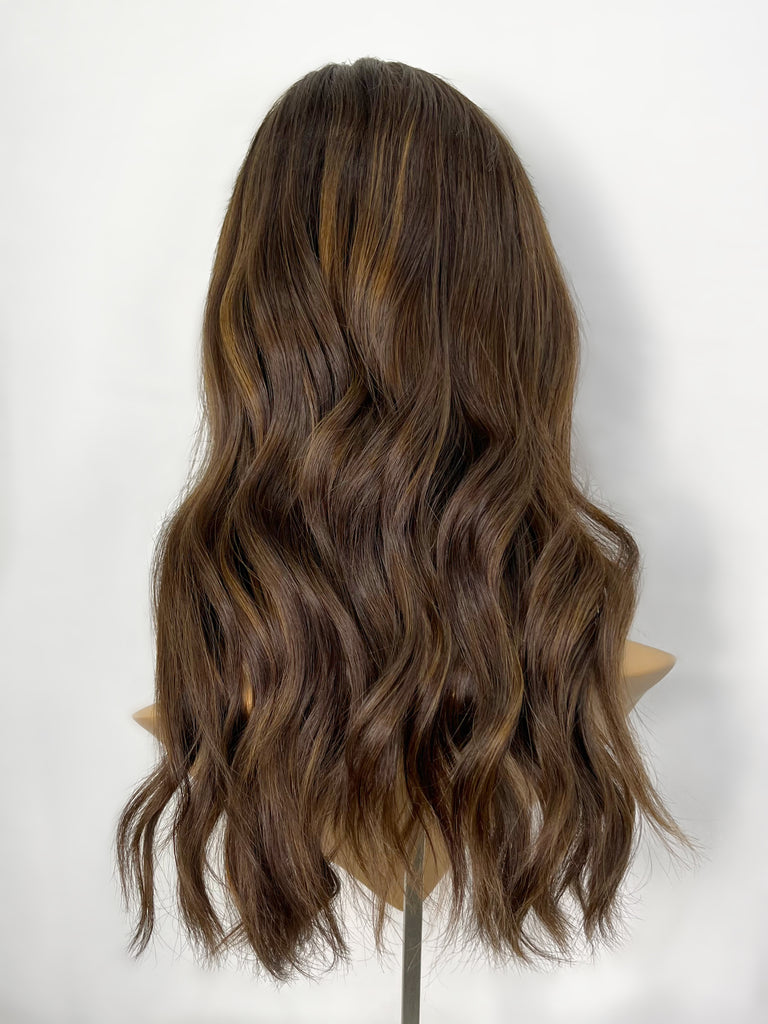 Highline Lace Top Wig, "Dark Medium Brown with Caramel Highlights" (R1724) - Silk or Lace