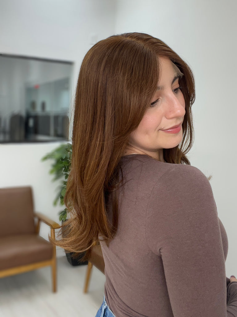 lace top human hair wig - brunette human hair wig - lace top wigs for women - breathable human hair wigs - affordable natural hair wigs - full coverage human hair wigs
