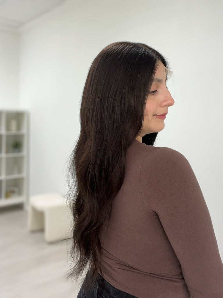 lace top human hair wig - brunette human hair wig - lace top wigs for women - breathable human hair wigs - affordable natural hair wigs - full coverage human hair wigs
