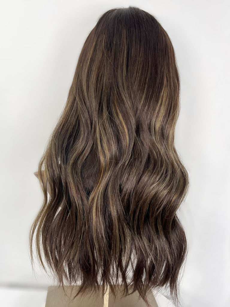 Lu's Lace Top Wig, "Dark Brown with Highlights" (R1634) - Silk or Lace