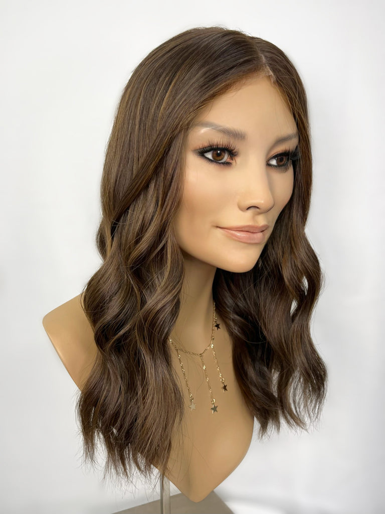 Highline Lace Top Wig, "Dark Medium Brown with Caramel Highlights" (R1724) - Silk or Lace