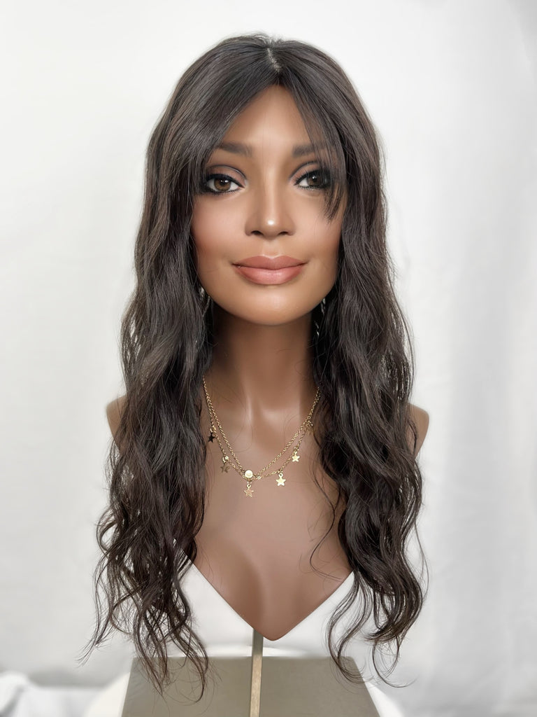 Highline Silk Top Wavy Hair Topper with Bangs, "Natural Soft Black" (R1621) - Silk or Lace