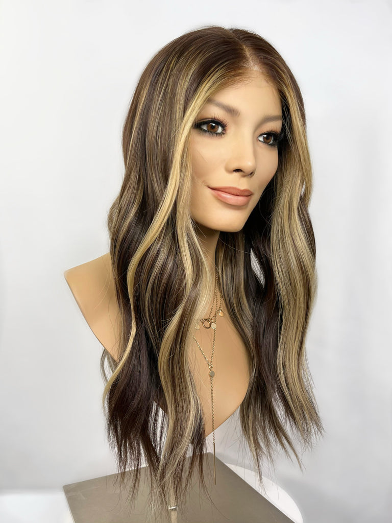 Lu's Lace Top Wig, "Dark Chocolate Brown with Light Blonde Highlights" (R1663) - Silk or Lace